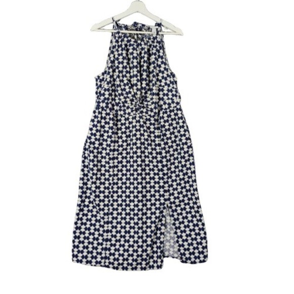 Ava & Viv Linen Halter Midi Dress Geometric Blue Pockets Womens‎ Size XXL Resort - Picture 1 of 9